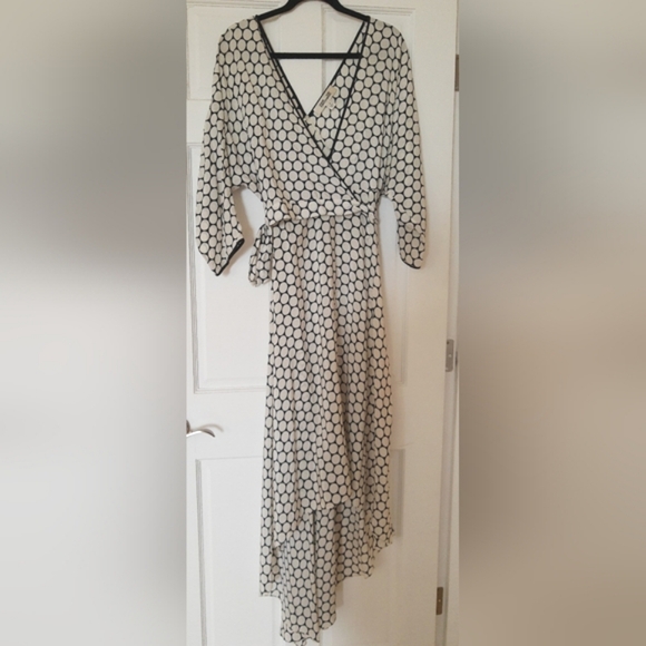 New. Asymetric Polka Dot Black/ Ivory Wrap 100% Silk Maxi Dress. - Picture 2 of 12